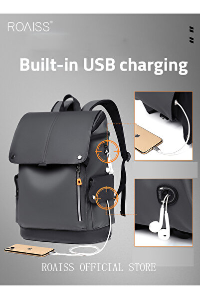 ROAISS Functional PU Leather Backpack Large Capacity Short Distance Travel Solid Color Design Workwear Styl