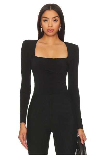 MetuCA Women's Black Double Layer Sandy Square Neck Long Sleeve Draped Snap T...