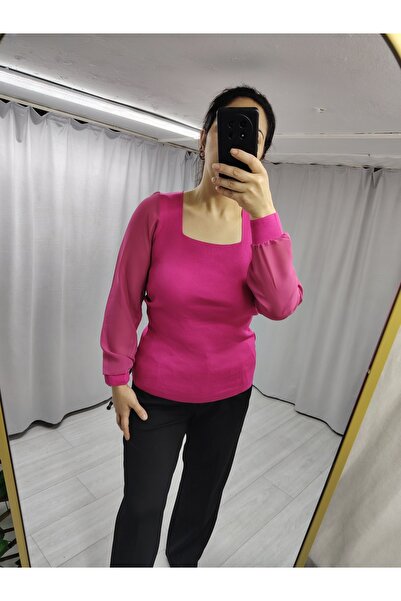 tellevolle pembe kare yaka şifon bluz