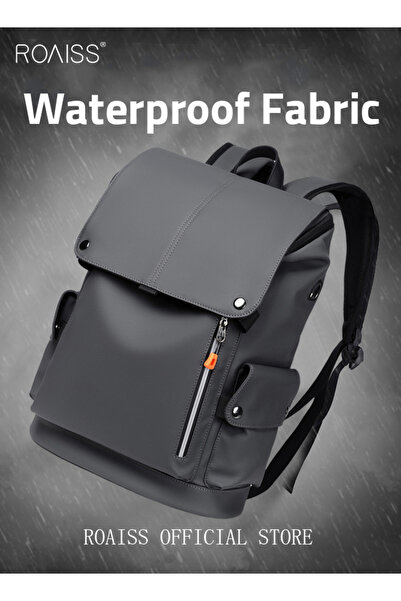 ROAISS Functional PU Leather Backpack Large Capacity Short Distance Travel Solid Color Design Workwear Styl