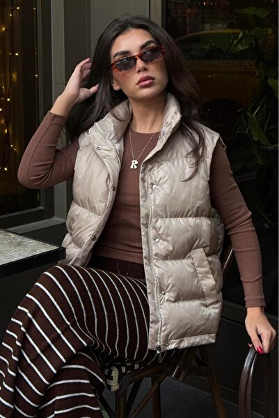 Madmext Beige Mock Neck Lined Women's Puffer Vest Mg2592