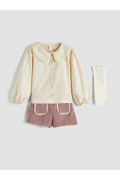 LC Waikiki LCW Kids Bej Fetiță guler tip Peter Pan cămașă, pantaloni scurți ș...