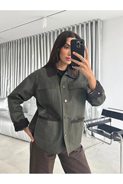 cemo Haki Kadife Detaylı Oversize Ceket