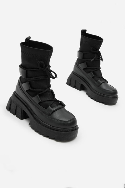 Tonny Black Women's Black Thick Platform Poly Sole Stretch Lace-Up Boots