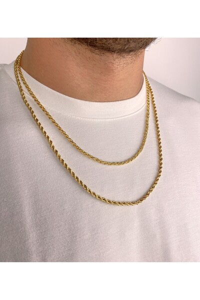 Furtek Aksesuar Unisex 2 Piece Knitted Straw Chain Steel Gold Necklace Set 3mm - 3mm (53cm - 60cm)