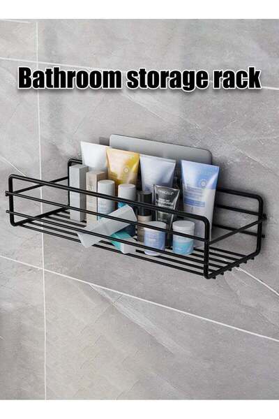 Generic Bathroom Storage Rack Rectangular, No-Drill Stainless Steel Adhesive Wall Mount,2 Adhesive Hooks