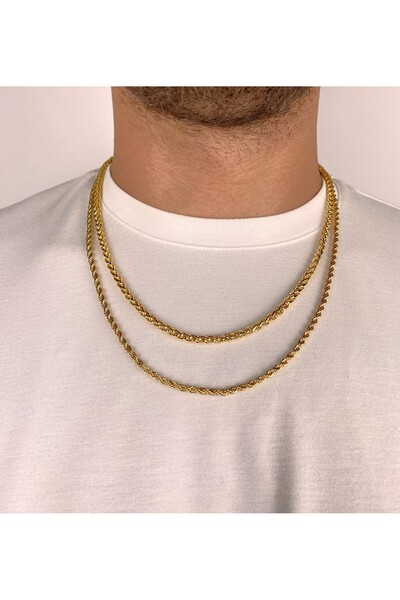 Furtek Aksesuar Unisex 2 Piece Steel Gold Mesh Knitted Chain Necklace Set 3mm - 5mm (53cm - 60cm)