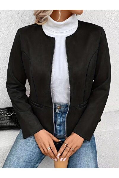 Aymood Women's Long Sleeve Round Neck Front Zipper Suede Jacket