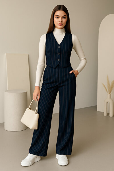 semela Crepe Fabric Striped Pattern High Waist Pants Ye Vest Set Akim