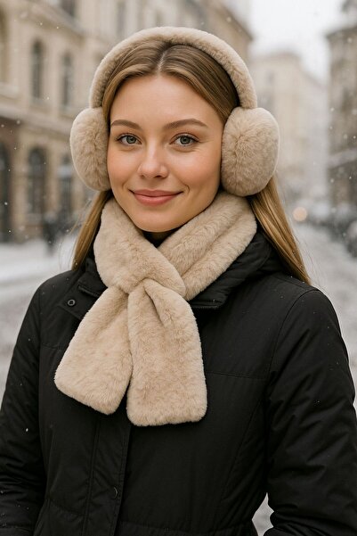 BALIENTE Beige Soft Textured Plush Crown Headphones and Neck Scarf Set of 2