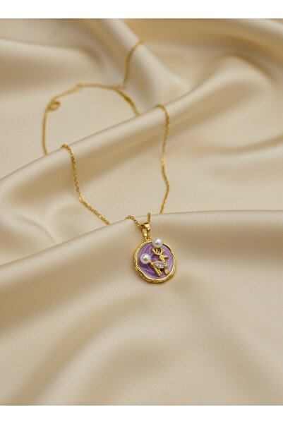 GKCBijoux Çelik Gold Renk Lila Mineli ve İncili Geyik Kolye - Mor Zeminli Mas...