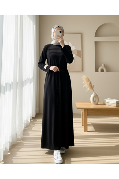 Modamorfo Round Neck Tie-Waist Dress -Black