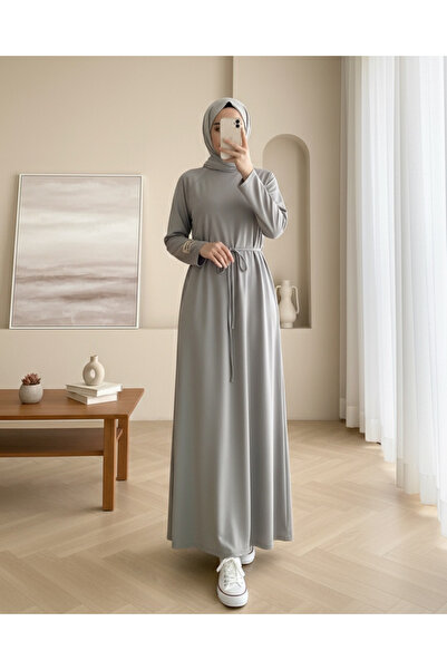 Modamorfo Round Neck Tie-Waist Dress - Gray