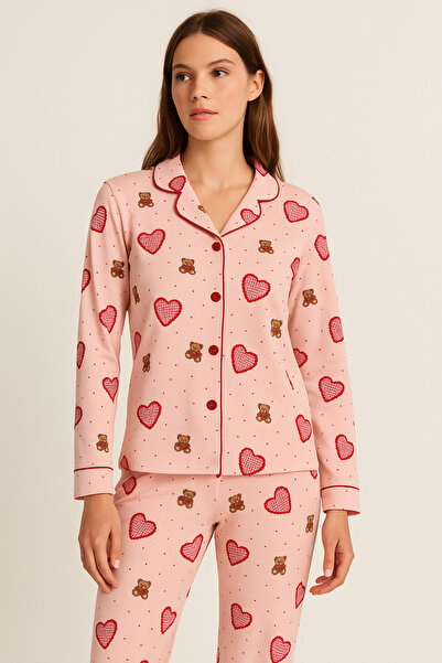 Katia&Bony Women's Heart Teddy Patterned Pajama Set Pink