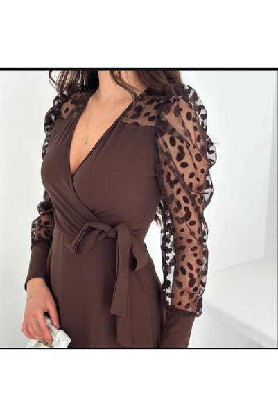 tülaybutik Women's Sleeves Tulle Flared Belt Double-Breasted Neckline Dress