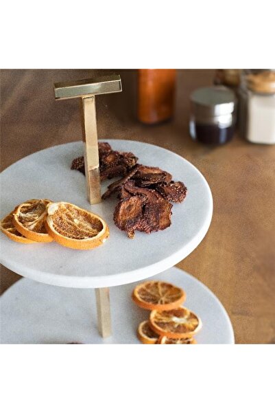 Akayev Marble 25 cm White Gold Beaded Footed Two-Tier Presentation Plate