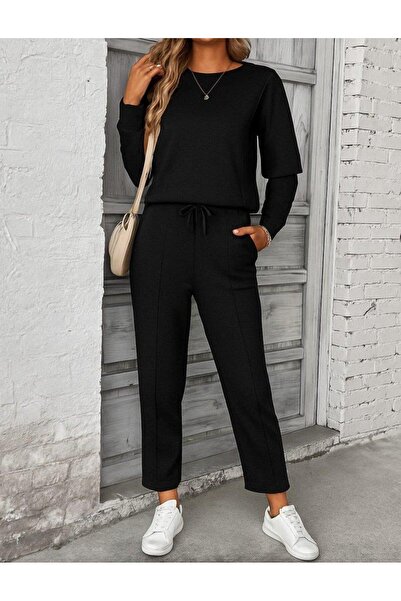 Aymood Women's Long Sleeve Ribbed Side Viscose Two-Piece Set with Two Threads and Pants