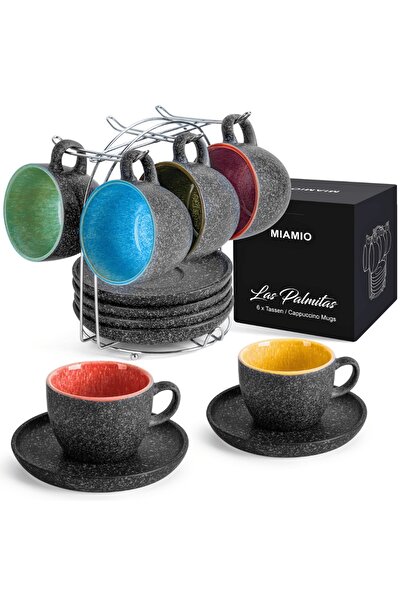 MIAMIO Комплект от 6 чаши за капучино с чинийка, колекция Las Palmitas, керам...