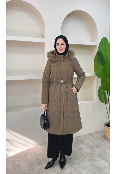 lurex moda Premium Quilted Coat with Fur Collar