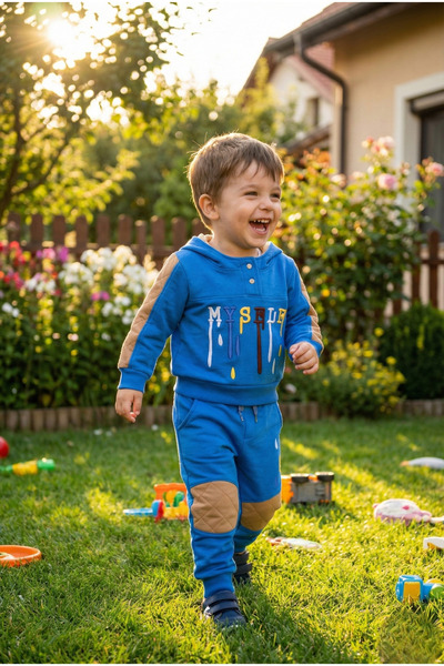 mini&sweet Boys' Suit Hooded Slogan Patterned Long Sleeve Bottom Top