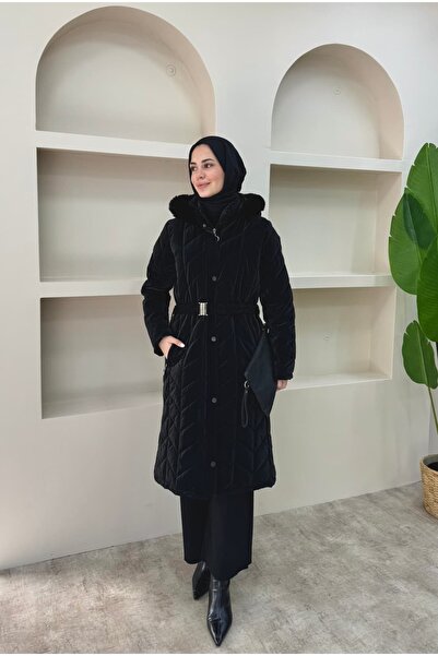 lurex moda Premium Quilted Coat with Fur Collar