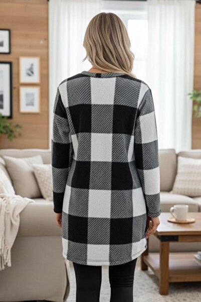 Mossta Turtleneck Plaid Patterned Woven Tunic - White