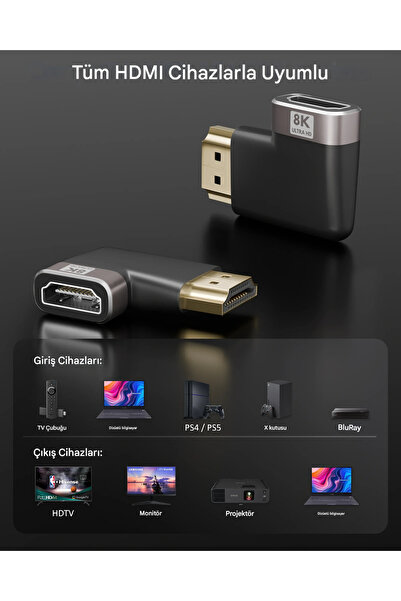 qasul 8K Destekli Sağ Açılı HDMI Dönüştürücü – 90° L Tipi Adaptör