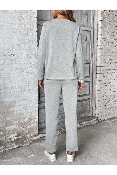 Aymood Women's Long Sleeve Ribbed Side Viscose Two-Piece Set with Two Threads and Pants