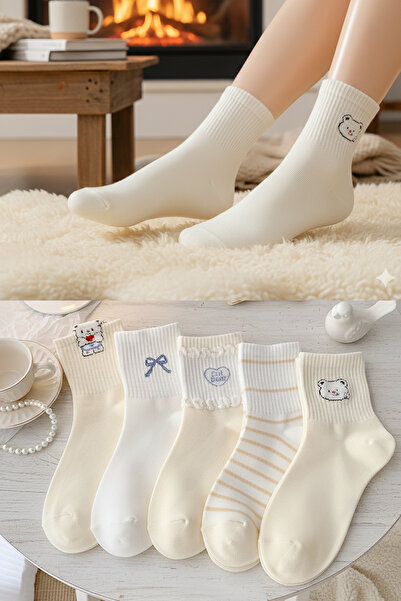 BGK 5 Çift Krem Desenli Kadın Çorap