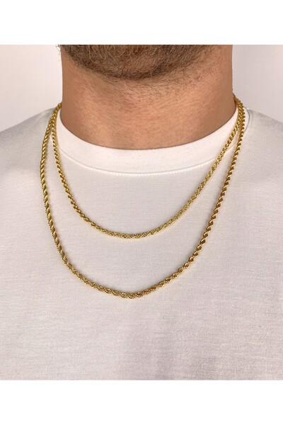Furtek Aksesuar Unisex 2 Piece Knitted Straw Chain Steel Gold Necklace Set 3mm - 3mm (53cm - 60cm)
