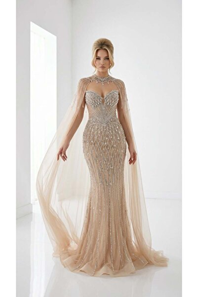 Hanımefendi Giyim Kristal Taş Detaylı Balık Kesim Pelerinli Elbise