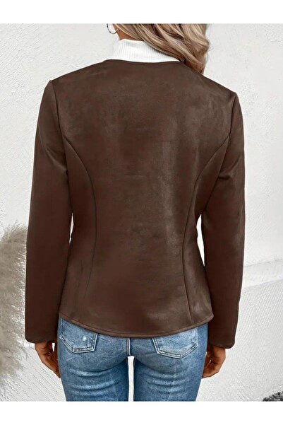 Aymood Women's Long Sleeve Round Neck Front Zipper Suede Jacket