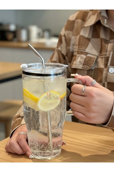 Multiamo Large Size Glass Thermos/Cup with Mica Lid and Glass Straw 1200 ml