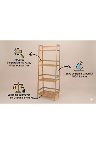 RİVO HOME DECOR The Mia %100 Doğal Bambu 4 Katlı Banyo Düzenleyici Raf & Mutf...