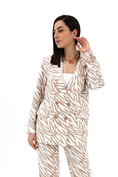 VELİZADE Ženska bež zebra jakna Sa deznom , Postavljeno Kruvaze izrez , Sa ja...