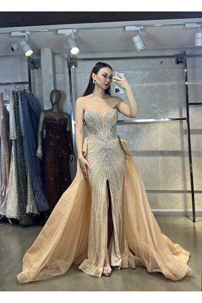 Hanımefendi Giyim فستان سهرة بدون حمالات مطرز بالترتر مع ذيل