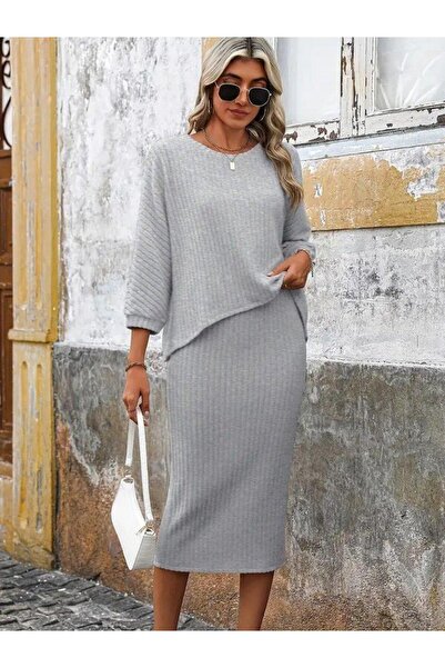 Aymood Women's Long Sleeve Round Neck Fleece-Lined Ribbed Knit Blouse and Skirt Two-Piece Set