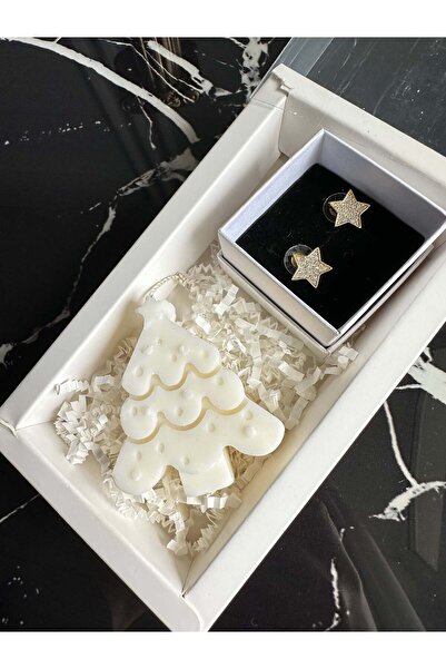 Glamadea Gift Set – White Gold-Plated Star Earrings with Zirconia & Soy Wax Christmas Tree Candle