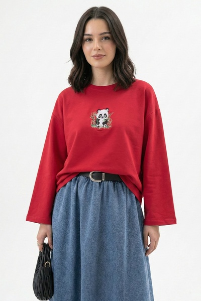 InStyle Bamboo Panda Embroidered Oversized Red Sweat