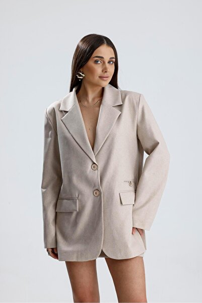 VELİZADE سترة نسائية بيج بثلاثة جيوب وأزرار مزدوجة في الأمام قصة فضفاضة بأزرا...