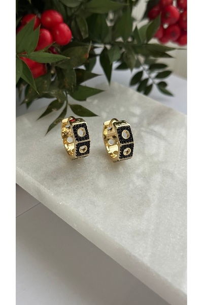 mibrillo Branded equivalent black stone detailed hoop earrings.