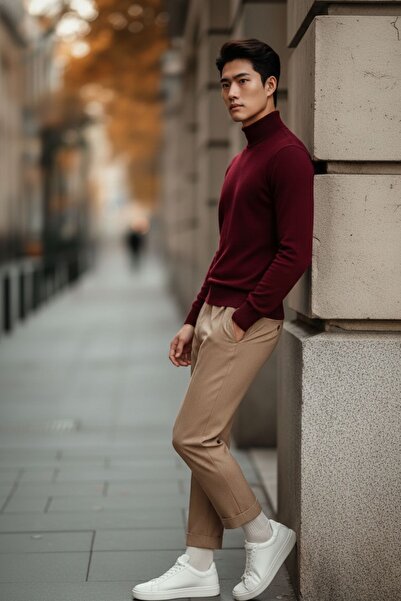 COMBİNE MİCHAİL Ανδρικό πουλόβερ με κανονική εφαρμογή, ψηλό λαιμό, μπορντό πλεκτό πουλόβερ