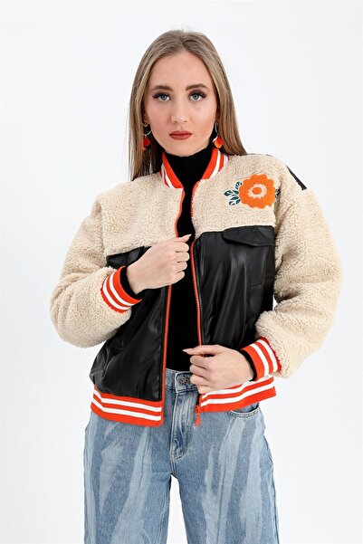 VELİZADE معطف نسائي من الجلد باللون البيج والأسود بتفاصيل دافئة من قماش التيد...