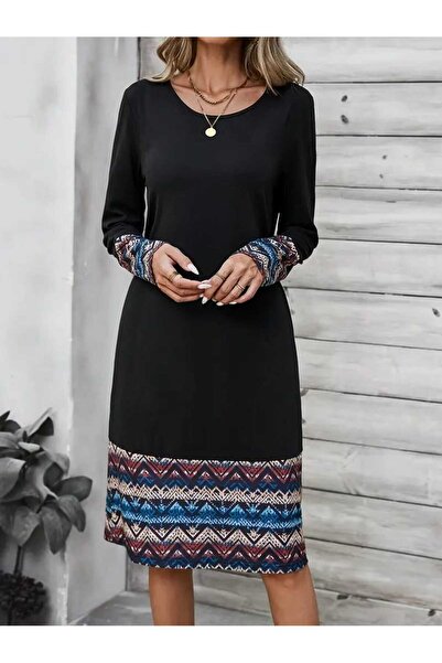 JustFab ✨Women’s Long Sleeve Boho Print Black Casual Dress✨