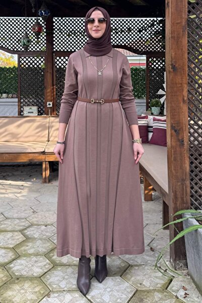 Rabia Şamlı Unique Belted Knit Dress Milk Coffee