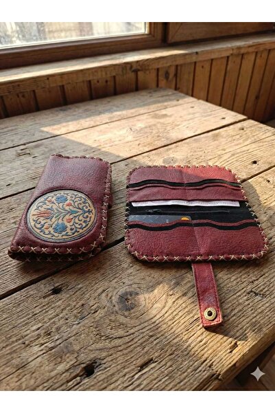 Ecenin Favorileri Tile Motif Faux Leather Handmade Burgundy Wallet 10X18.5Cm