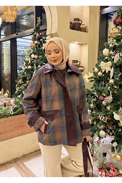 RİELLA Deri Detaylı Ekose Ceket