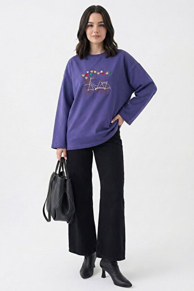 InStyle Oversized Purple Sweatshirt with Bicycle Pattern Embroidery