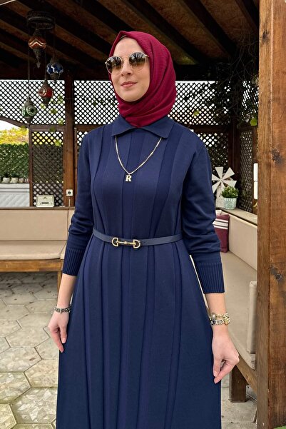 Rabia Şamlı Unique Belted Knitwear Dress Navy Blue