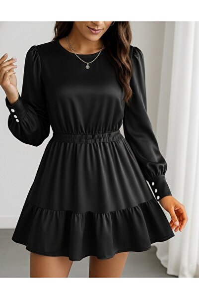 buğrahayalin Women's Long Sleeve Crew Neck Ruffled Imported Crepe Dress with Elastic Waist